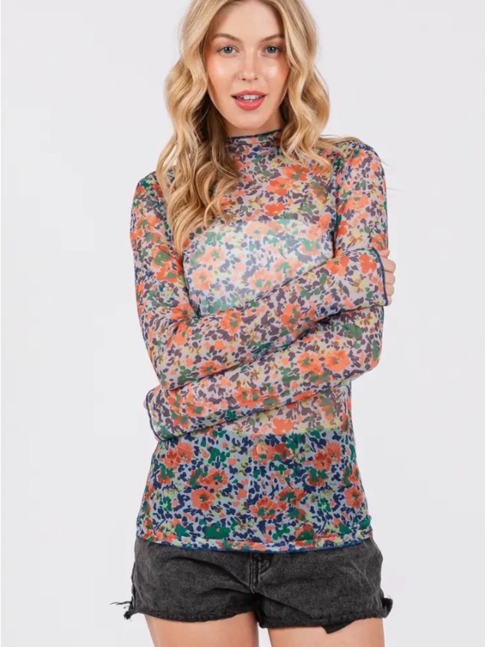 Sage + Fig Vintage-Inspired Orange & Blue Sheer Mesh Top - Picture 3 of 6